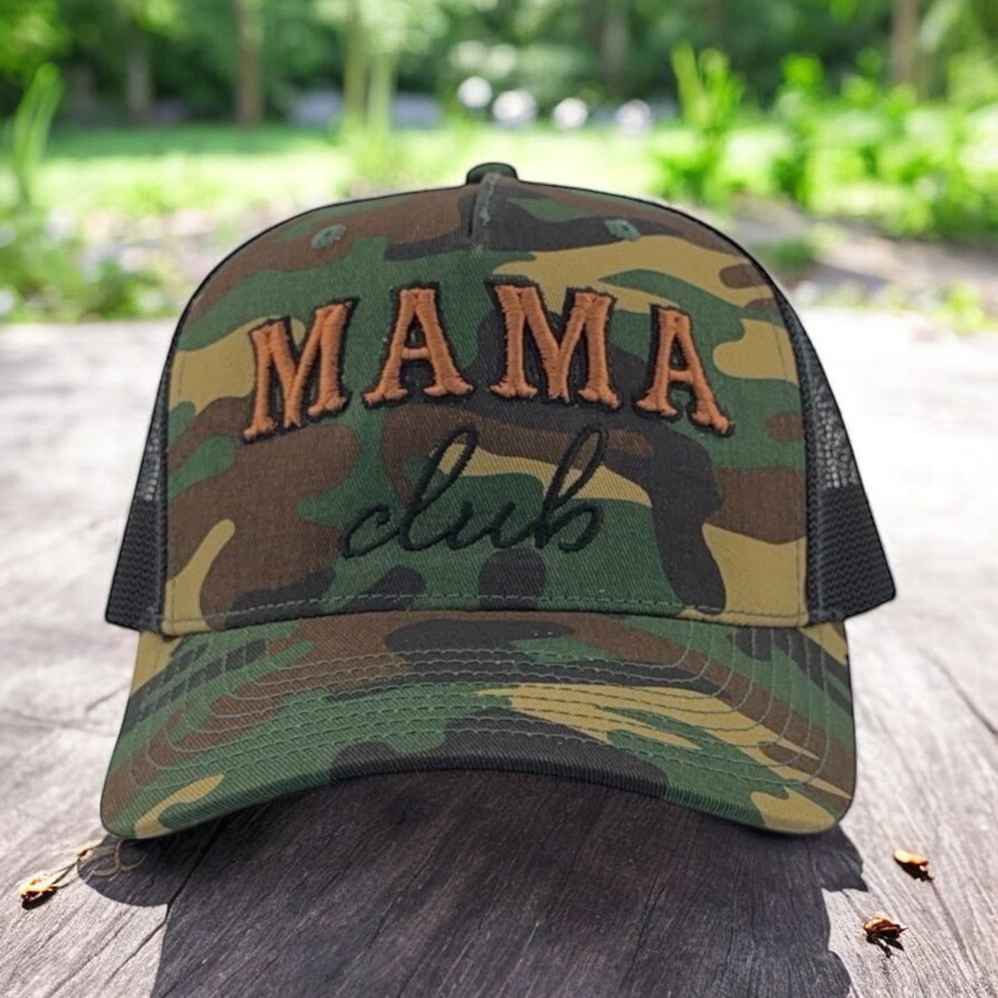 Green Camo Mama Club™ Cowboy Script Trucker Hat