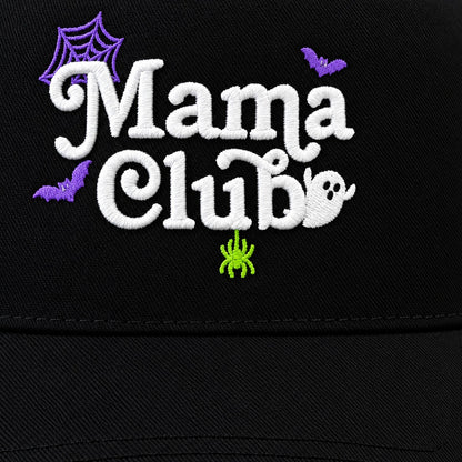 Close-up of the 3D puff Mama Club embroidery with purple spiderweb, bats, green spider and ghost