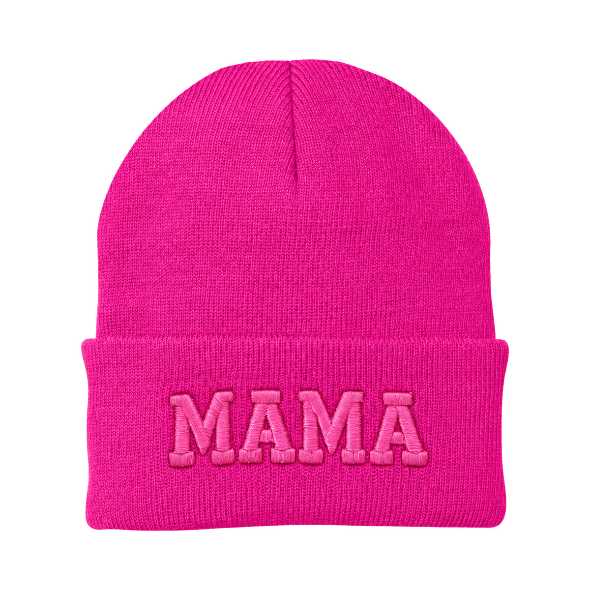 Neon pink cuffed knit beanie with pink 3D puff MAMA embroidery