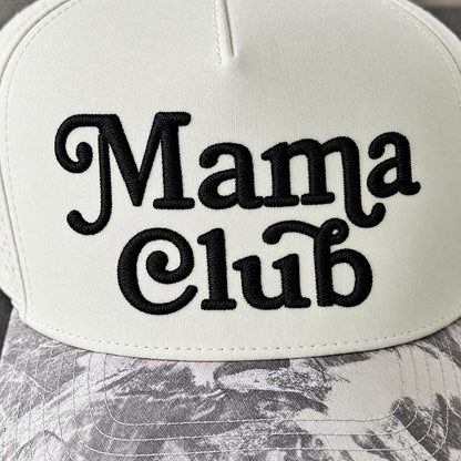 Close-up of the black 3D puff Mama Club embroidery