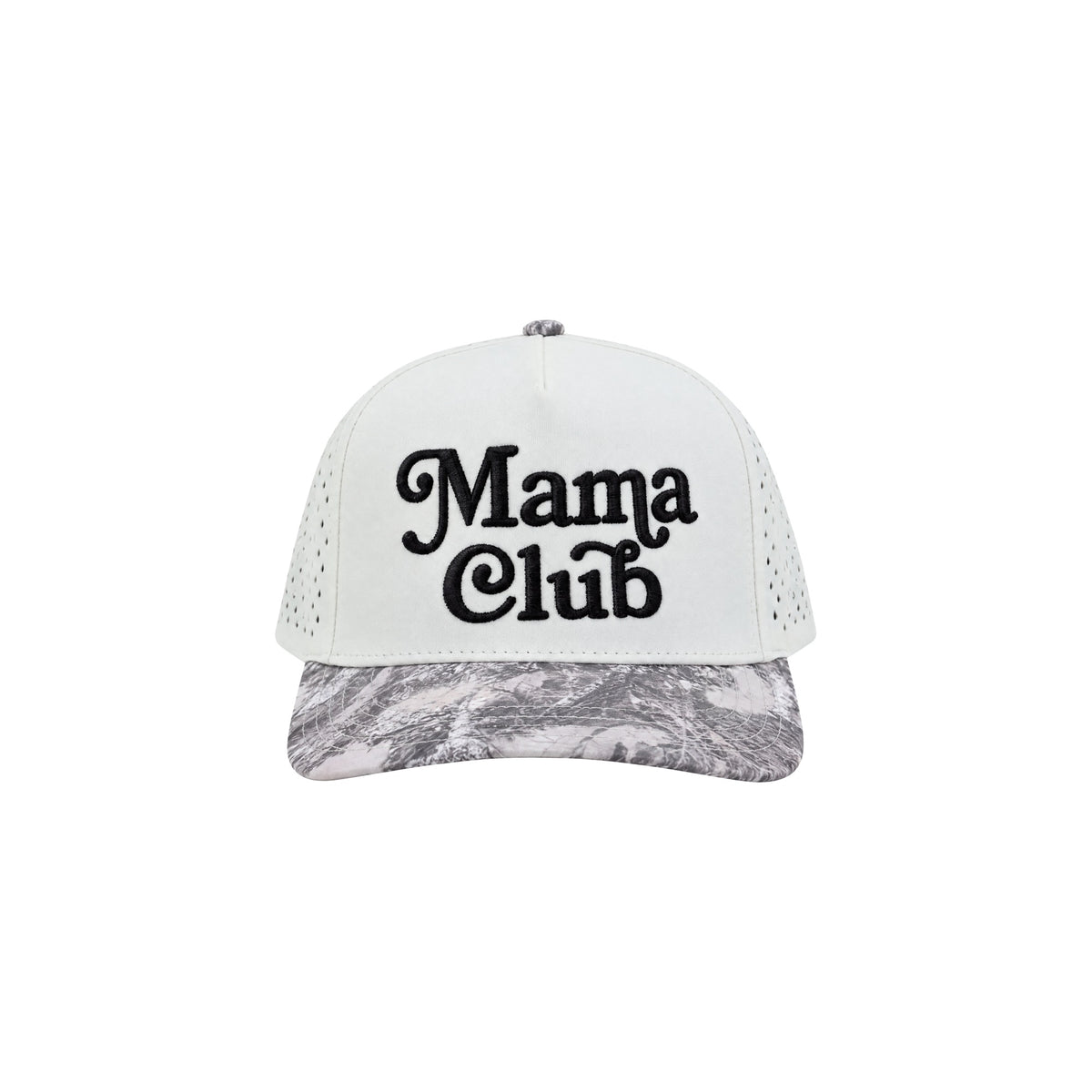 Mama Club performance trucker, white with grey camo bill, front view