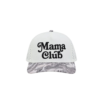 Mama Club performance trucker, white with grey camo bill, front view