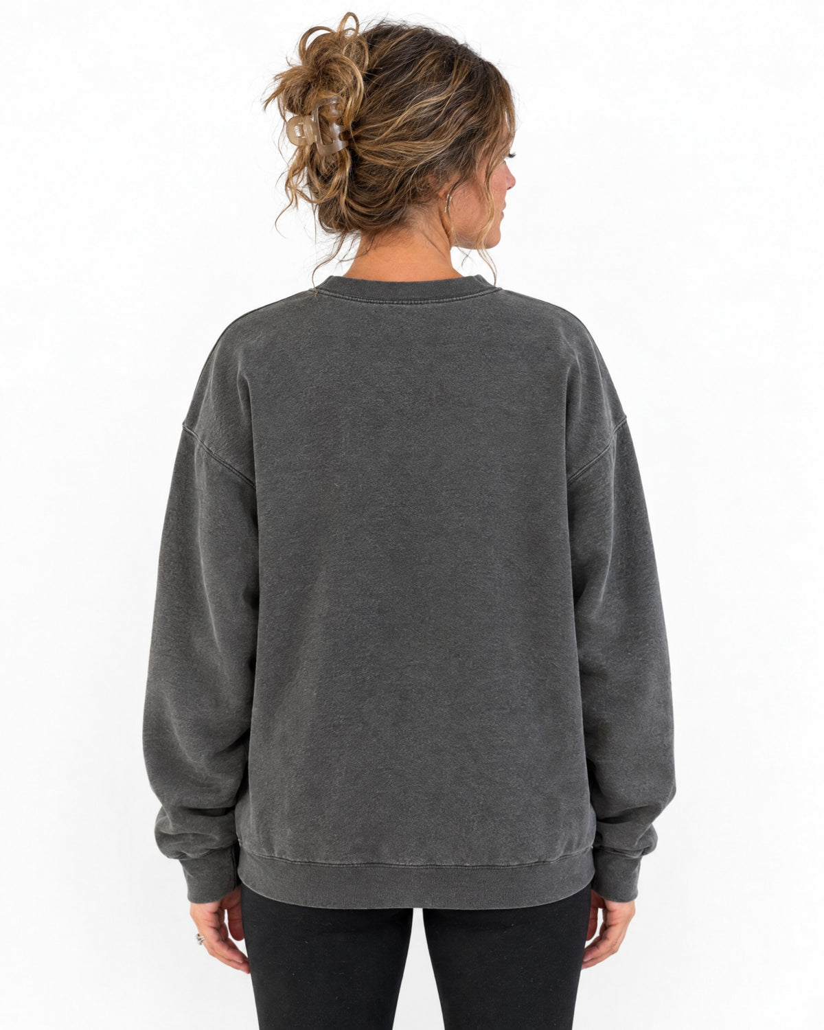 Back view of the pepper grey Rich in Motherhood crewneck showing the relaxed boxy fit