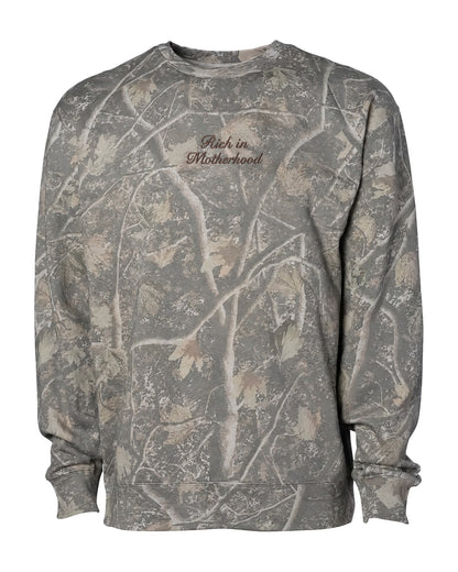 Rich in Motherhood embroidered crewneck in Deadwood Camo, front view on white