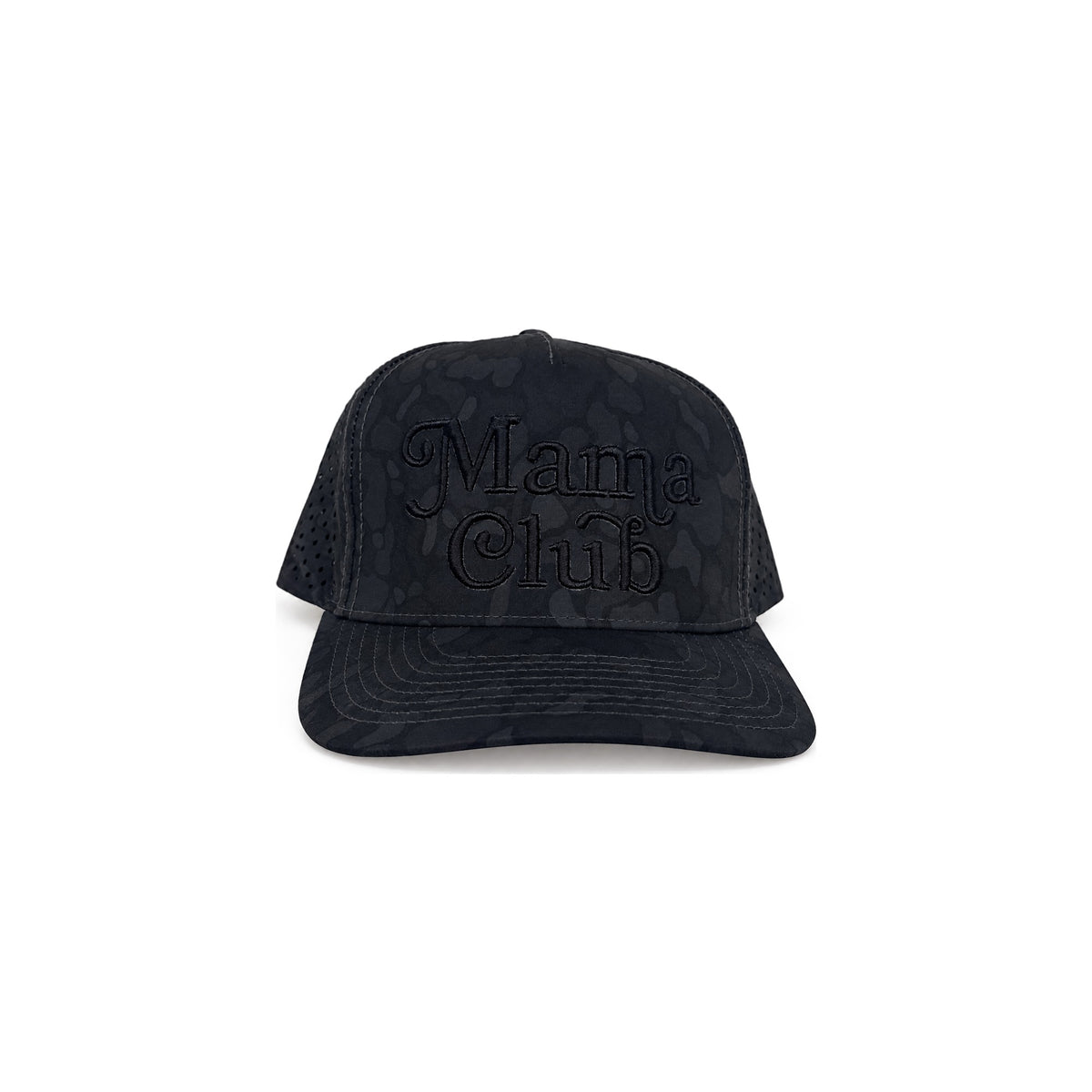 Mama Club Performance Trucker in black camo, front view on white