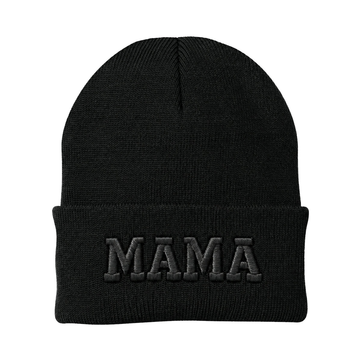 Black cuffed knit beanie with black 3D puff MAMA embroidery