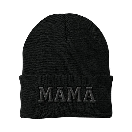 Black cuffed knit beanie with black 3D puff MAMA embroidery