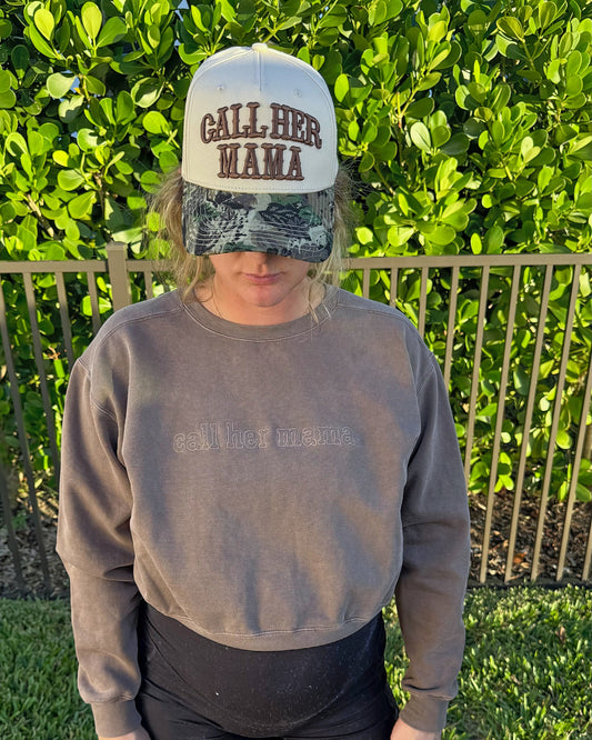 Call Her Mama™ Embroidered Crop Crewneck - Espresso
