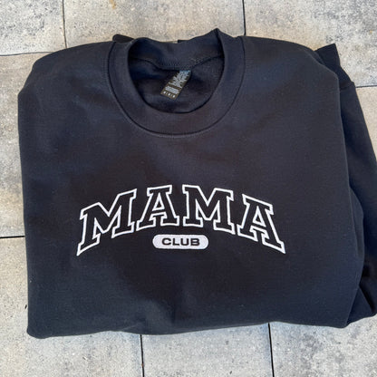 Black Mama Club embroidered crewneck, photographed flat on stone from the Call Her Mama photoshoot