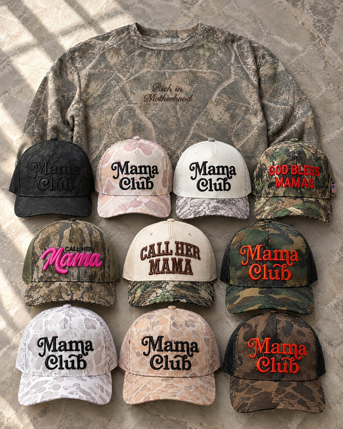 Rich in Motherhood camo sweatshirt with Call Her Mama and Mama Club camo hats