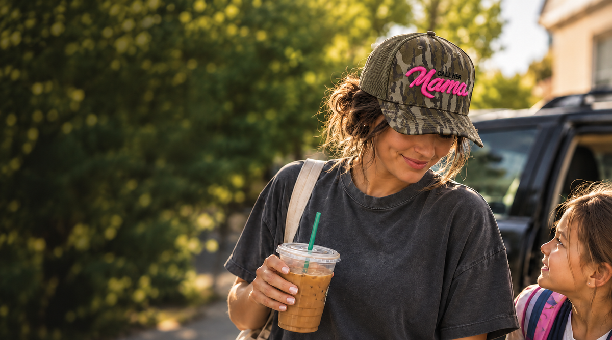 Mother wearing the Call Her Mama Bottomland Camo and Hot Pink hat beside her child