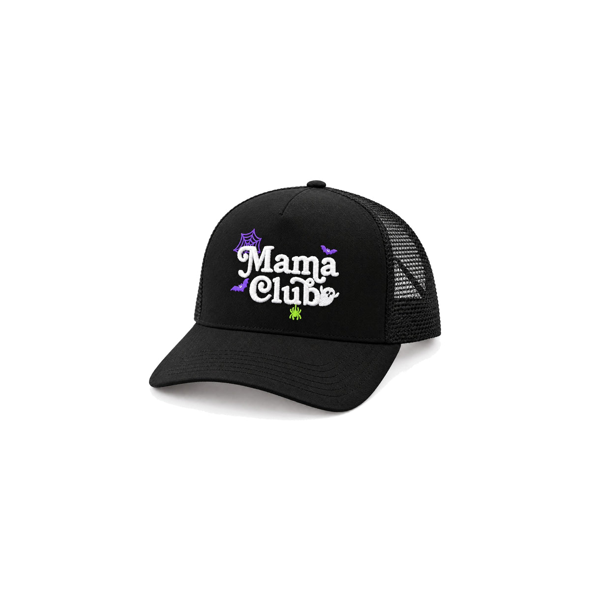 Mama Club Halloween trucker hat, side view with black mesh back