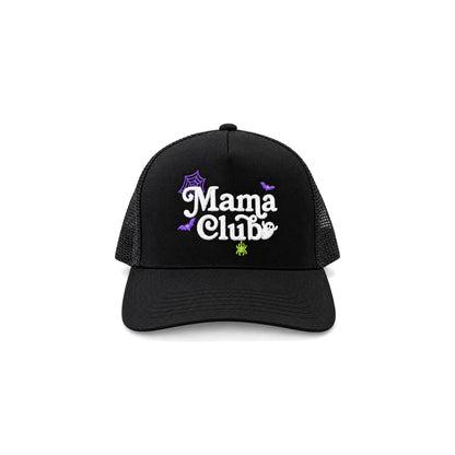 Mama Club Halloween trucker hat, black, front view