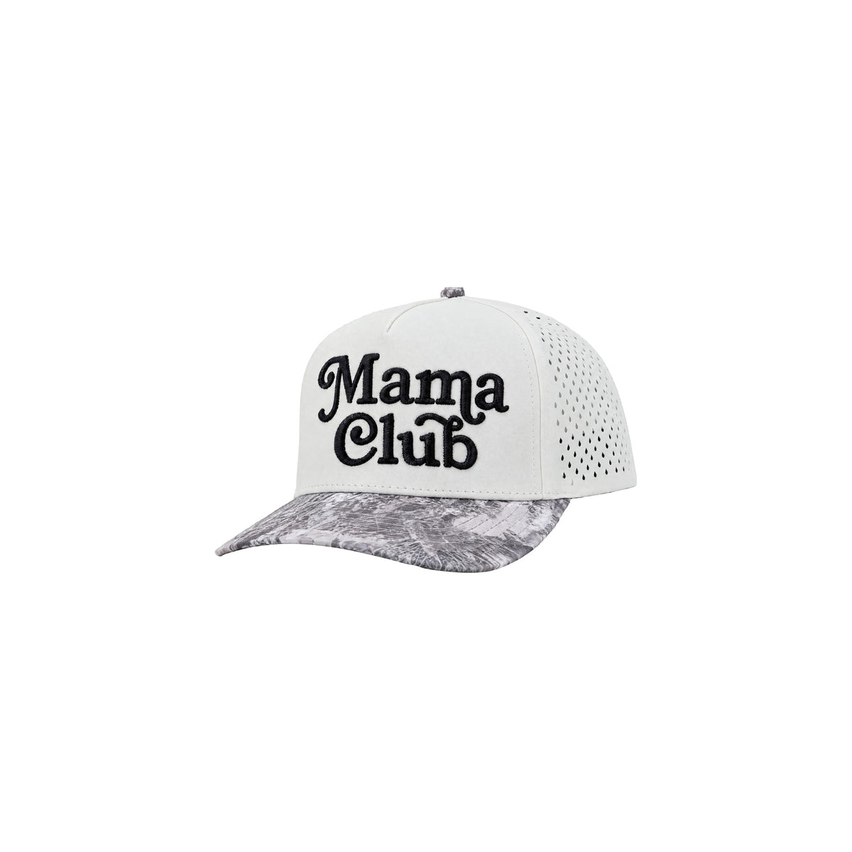 Mama Club performance trucker, white with grey camo bill, side view with perforated panels