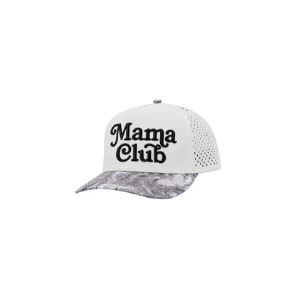 Mama Club performance trucker, white with grey camo bill, side view with perforated panels