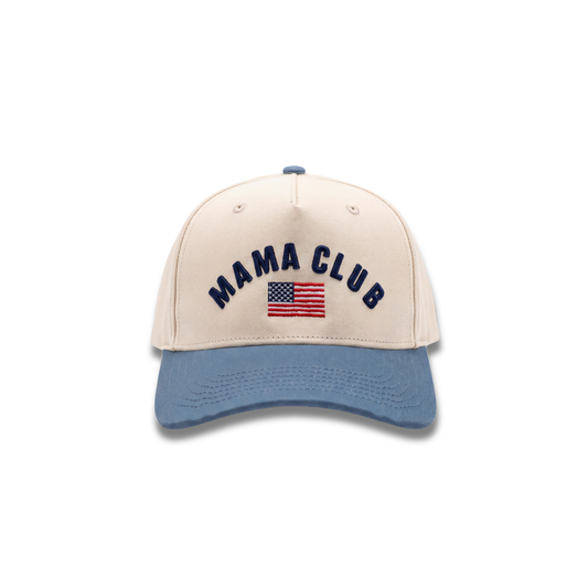 Mama Club Flag hat, front: navy MAMA CLUB and US flag embroidery, natural crown, slate blue brim