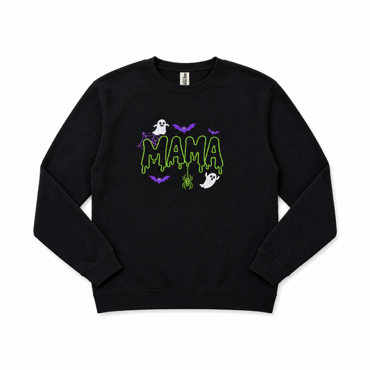 Mama Club Halloween embroidered black crewneck with original Independent Trading Company neck tag