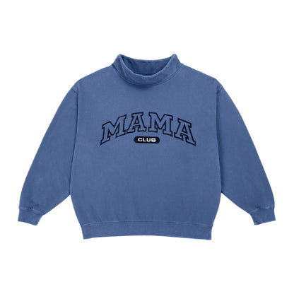 Mama Club embroidered mock neck in blue, flat