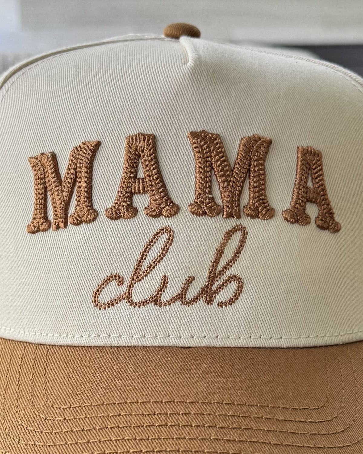 Chain-stitched puff embroidery close-up, Western Mama Club Chain-Stitch Snapback in Cream / Caramel