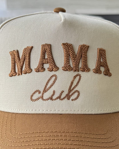 Chain-stitched puff embroidery close-up, Western Mama Club Chain-Stitch Snapback in Cream / Caramel