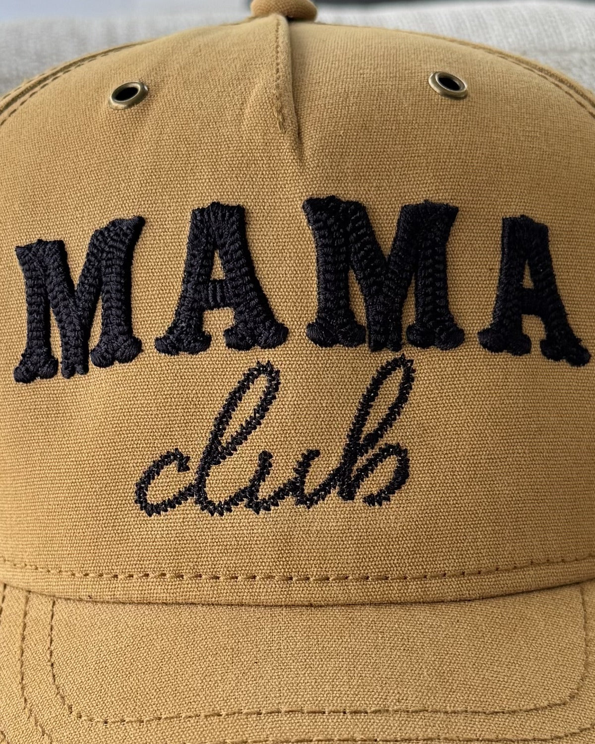 Chain-stitched puff embroidery close-up, Western Mama Club Chain-Stitch Canvas Snapback in Wheat